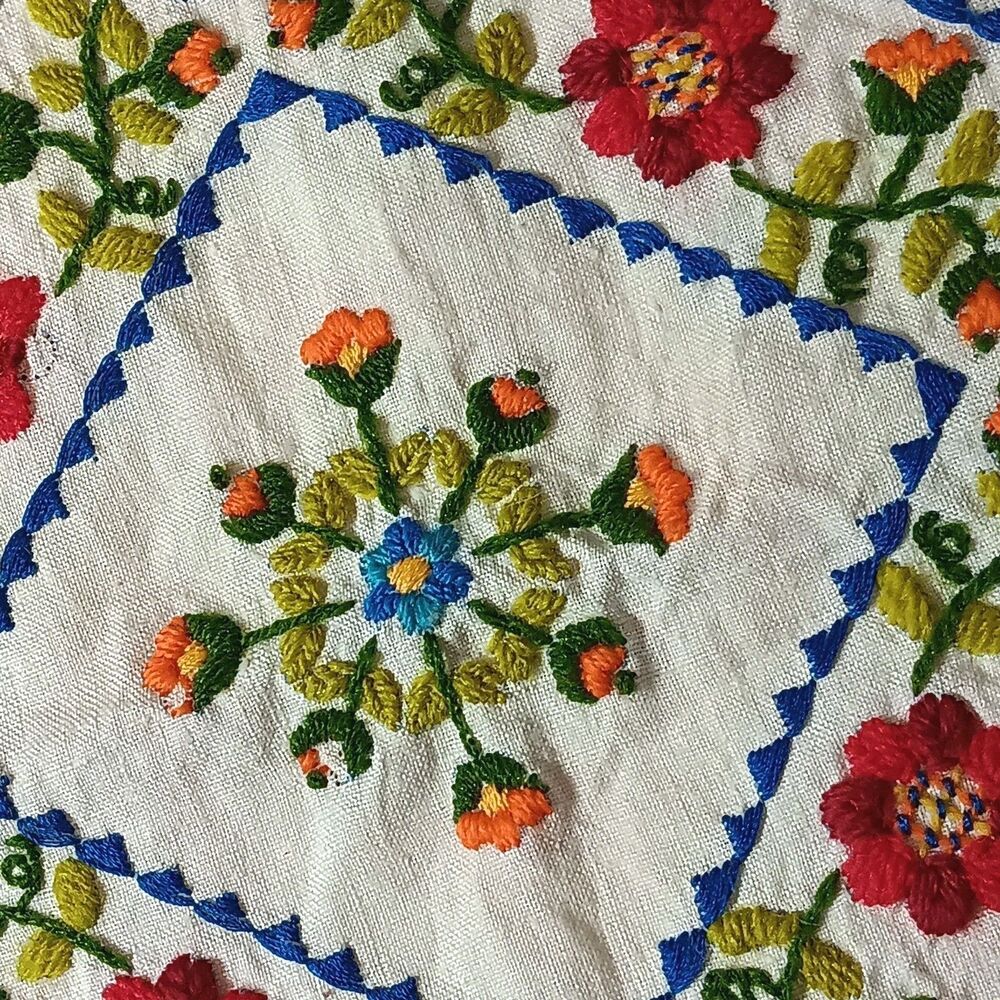 Vintage Floral Embroidered Pillowcase Unfinished Blue Orange Red Green 15" X 15"